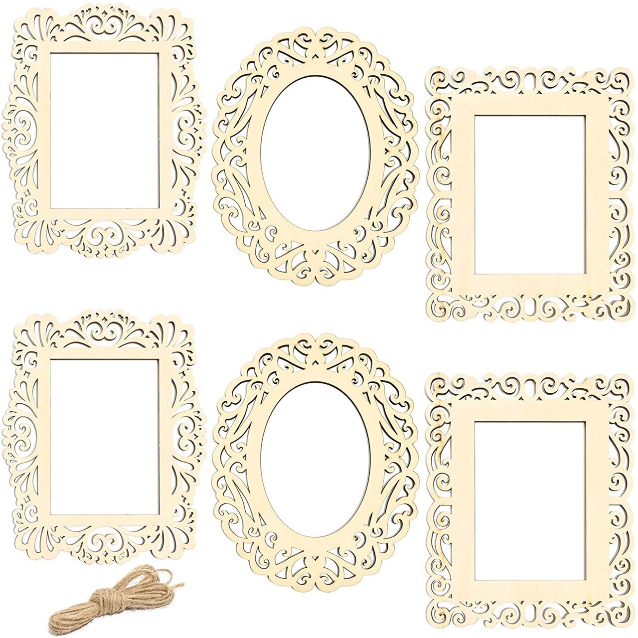 Wooden Picture Frames for Crafts, Unfinished Cutout with String (6 Pack)